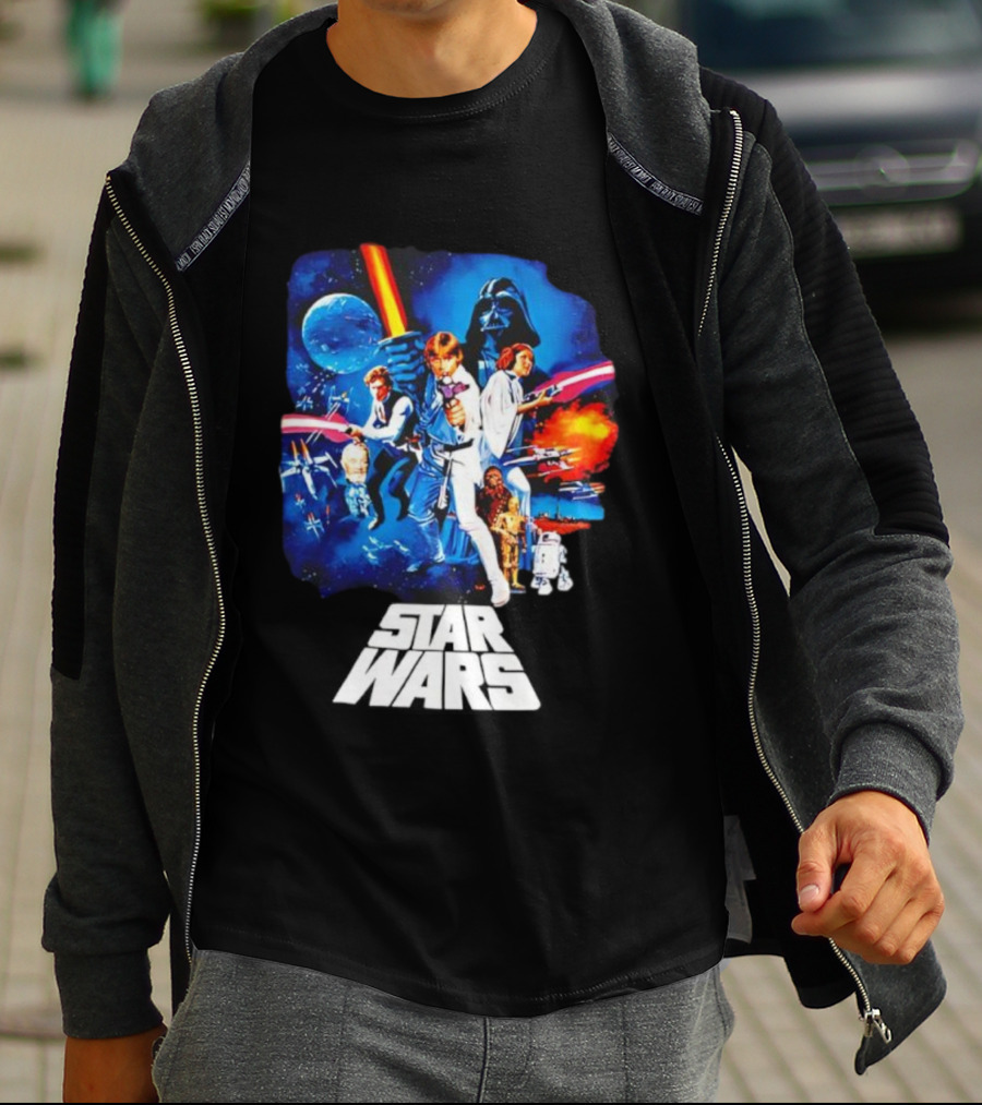 Star Wars New Hope Retro Darth Vader Luke Skywalker Leia Han Solo Chewbacca R2-D2 C-3PO Vintage Galactic Battle Scene T-Shirt