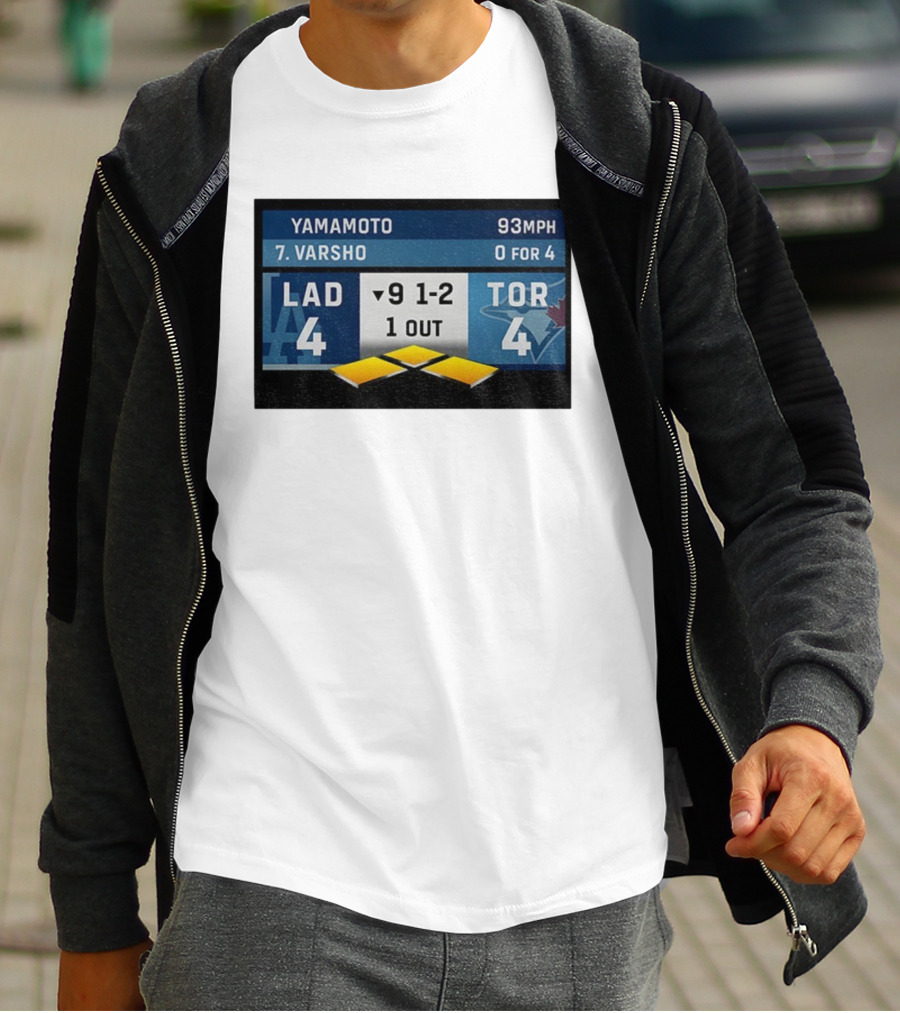Los Angeles Dodgers Vs Toronto Blue Jays Bottom Of 9th Inning Score Tied 4-4 With Pitcher Yamamoto And Batter Varsho T-Shirt
