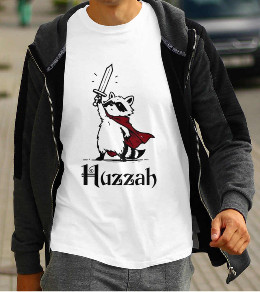 Raccoon Warrior Huzzah Red Cape Sword Heroic Pose T-Shirt