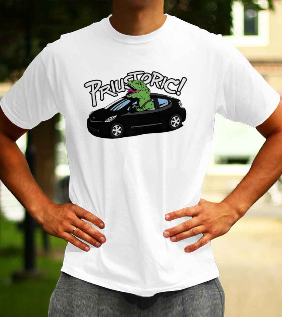 Priustoric T-Rex Dinosaur Driving Car Playful Humor T-Shirt