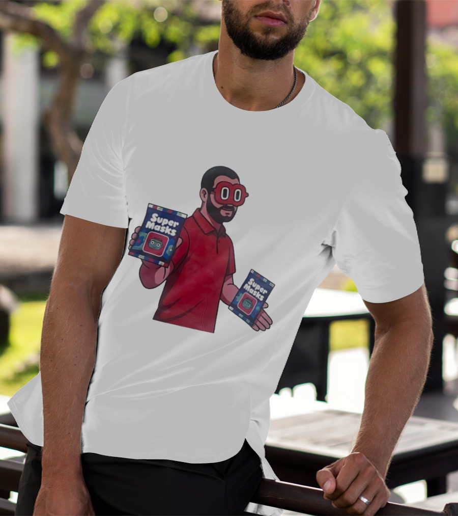 Super Masks Red Character Holding Packages With Eye Mask T-Shirt