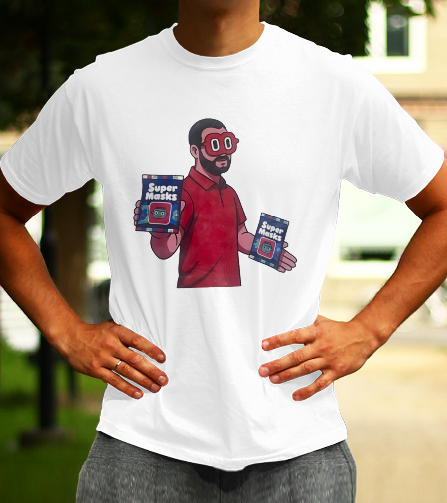 Super Masks Red Character Holding Packages With Eye Mask T-Shirt