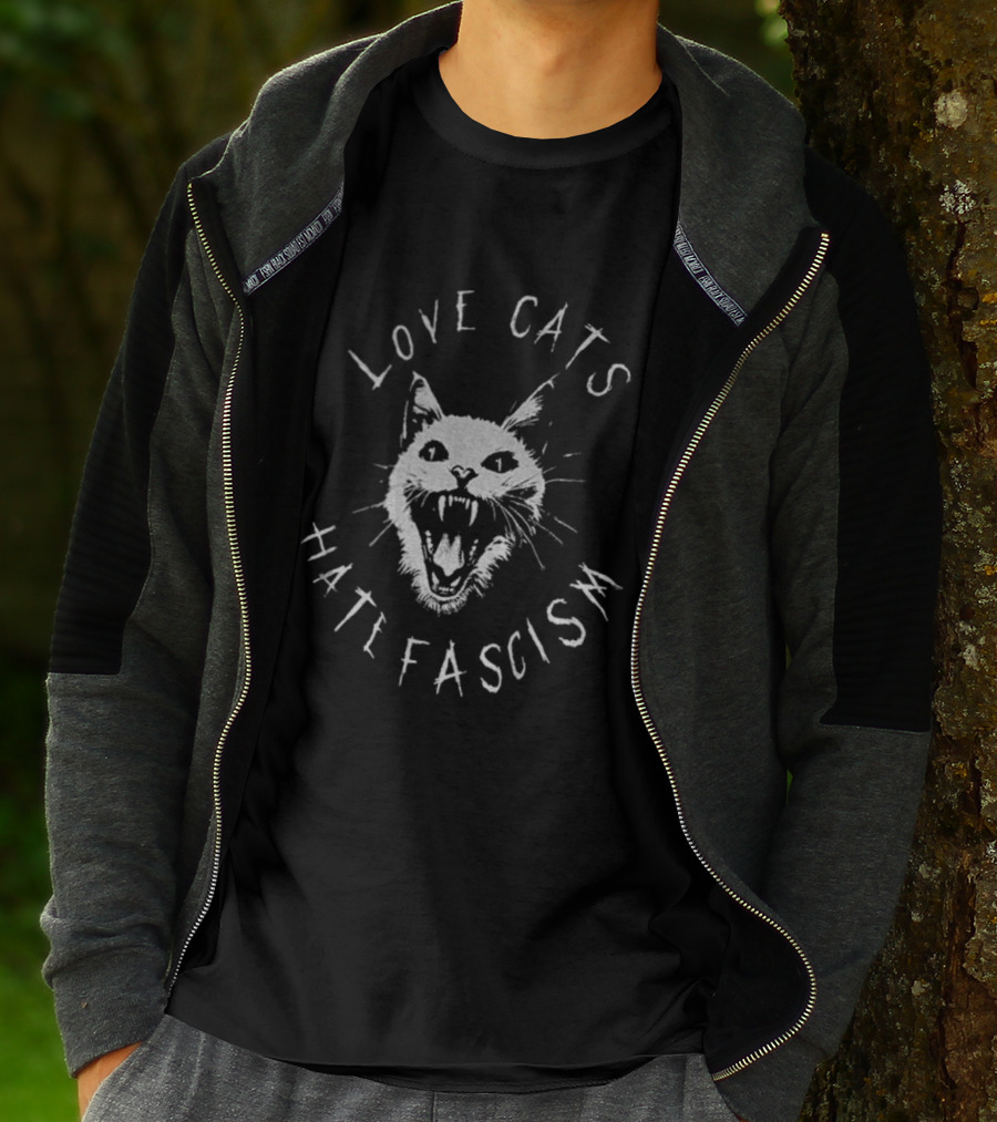 Love Cats Hate Fascism Antifascism Roaring Cat Graphic T-Shirt