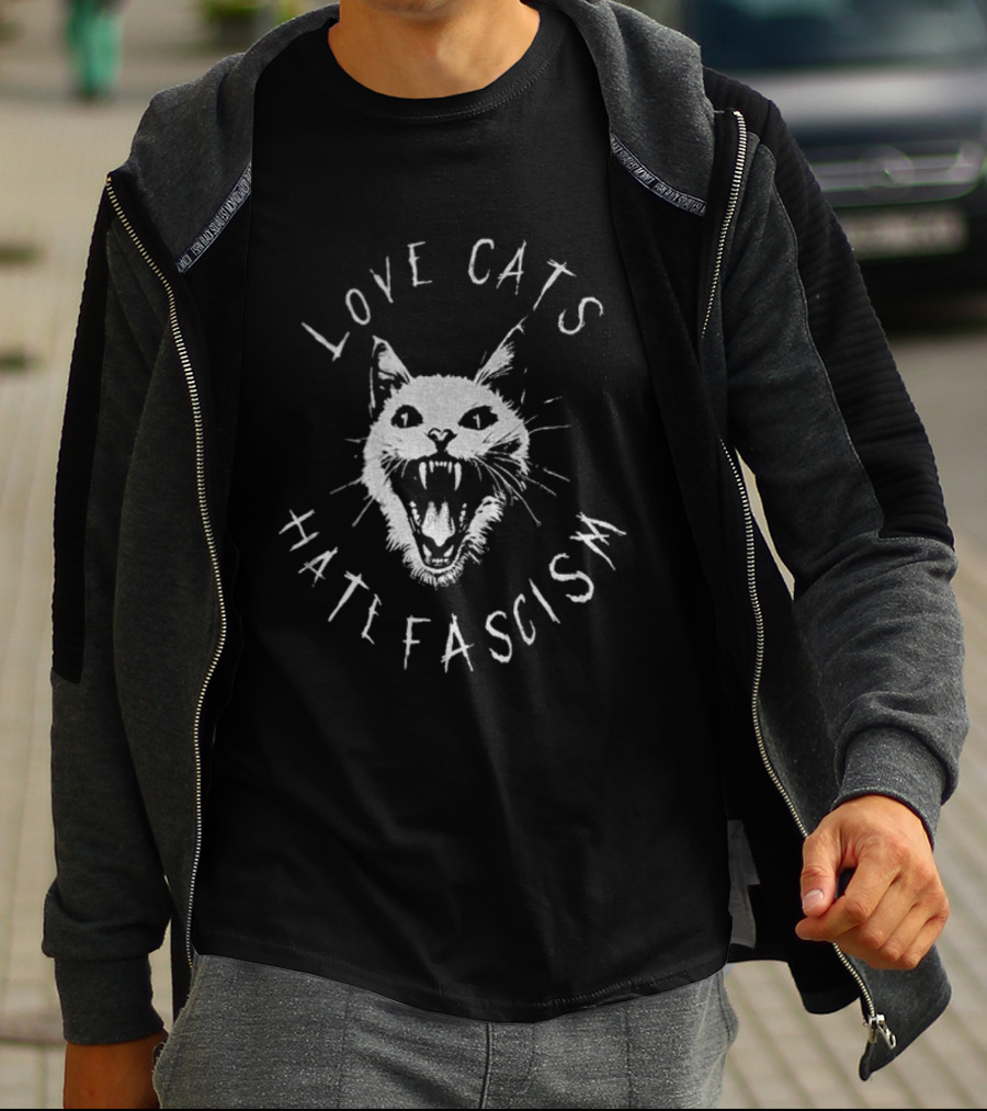 Love Cats Hate Fascism Antifascism Roaring Cat Graphic T-Shirt