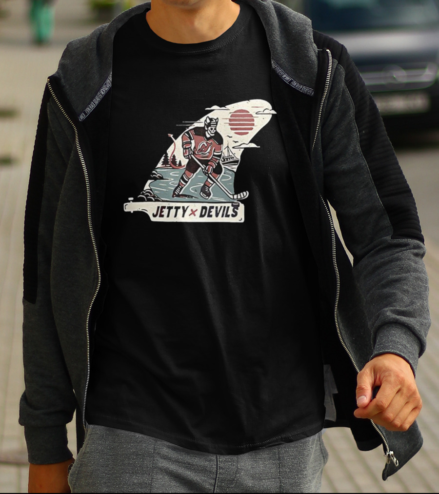 Jetty X New Jersey Devils NHL Player Vintage Skeleton Hockey Sunset Scene T-Shirt