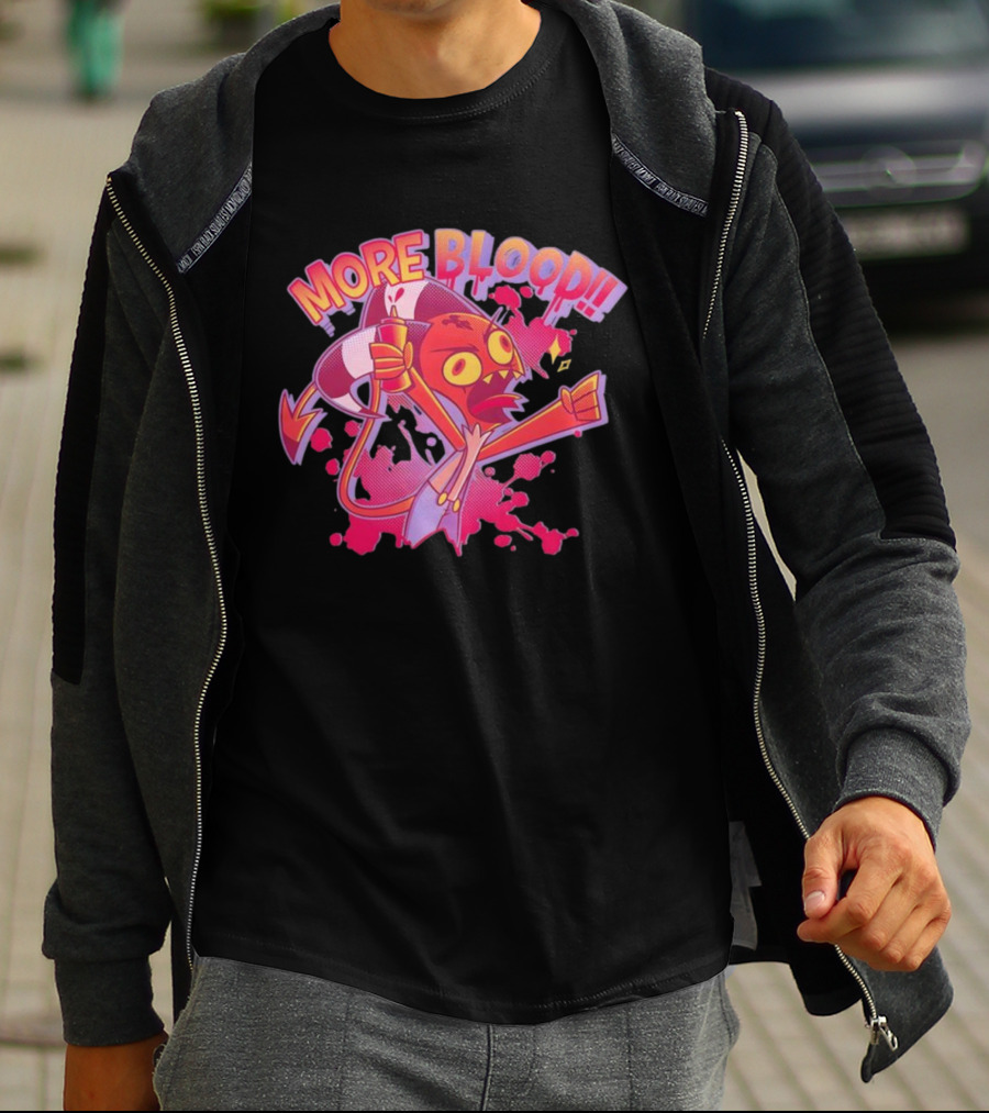 More Blood Cartoon Demon Character With Cup Expressive Artwork Colorful Graphic T-Shirt