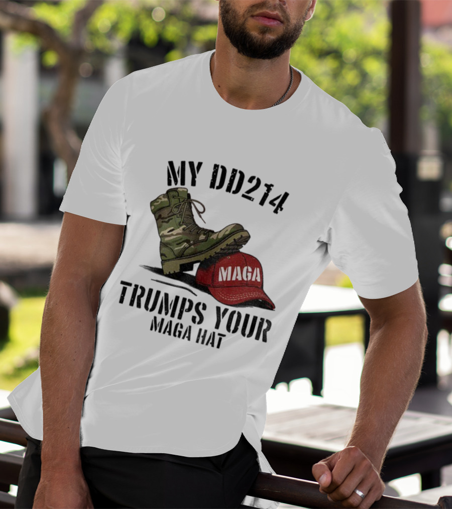 Veterans Against Trump My DD214 Trumps Your MAGA Hat Camo Boot Standing On Red MAGA Cap T-Shirt