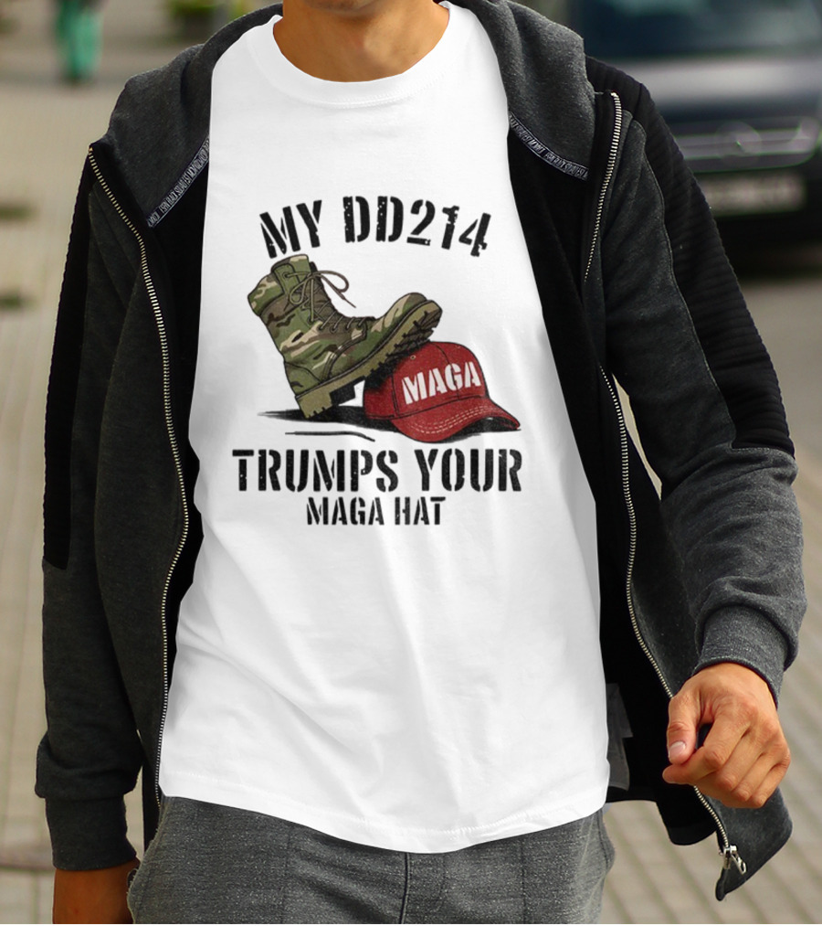 Veterans Against Trump My DD214 Trumps Your MAGA Hat Camo Boot Standing On Red MAGA Cap T-Shirt