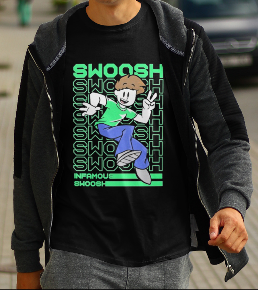 Infamous Swoosh Repeated Cartoon Character Peace Gesture Bright Colors T-Shirt