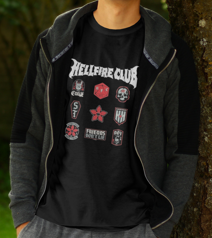 Stranger Things Hellfire Club Friends Don’t Lie Hawkins Heroes Badges T-Shirt