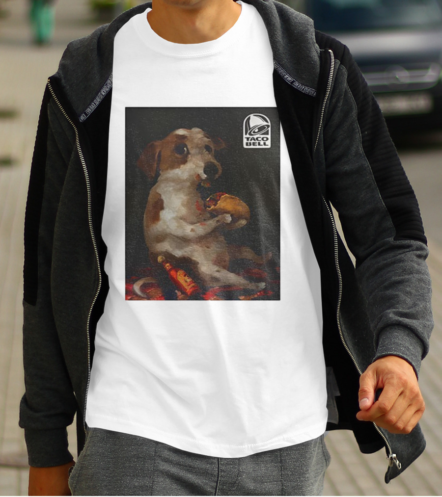 Dog With Taco Bell Burrito And Hot Sauce Funny Meme T-Shirt