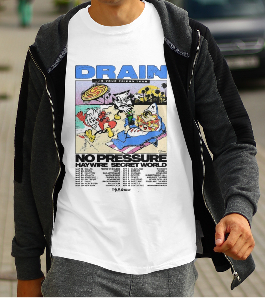 Drain Is Your Friend Tour 2026 No Pressure Haywire Secret World Beach Scene Vintage Style T-Shirt