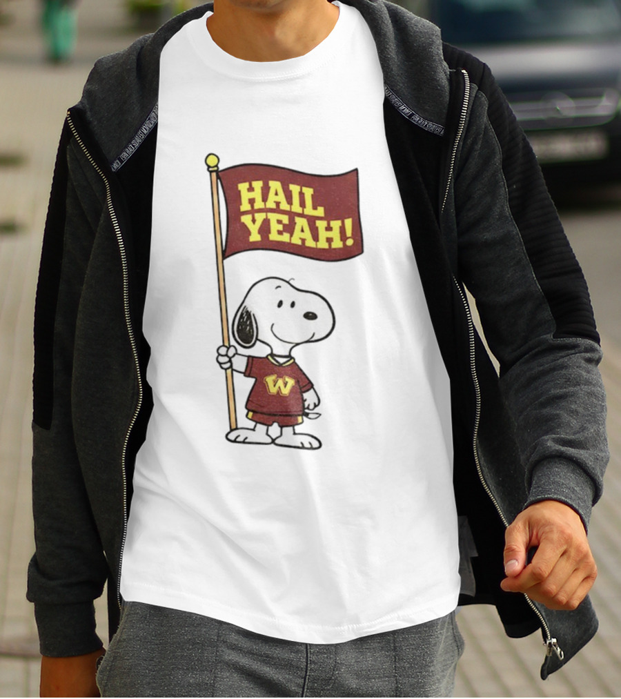 Snoopy Holding Hail Yeah Washington Commanders Flag Football Cartoon T-Shirt