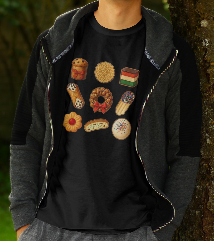 Festive Italian Cookie Variety Featuring Pandoro Biscotti Cannoli Bow Sprinkles T-Shirt