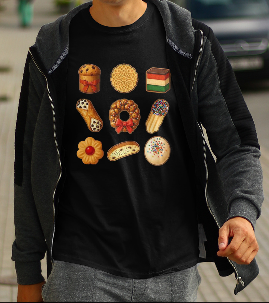 Festive Italian Cookie Variety Featuring Pandoro Biscotti Cannoli Bow Sprinkles T-Shirt