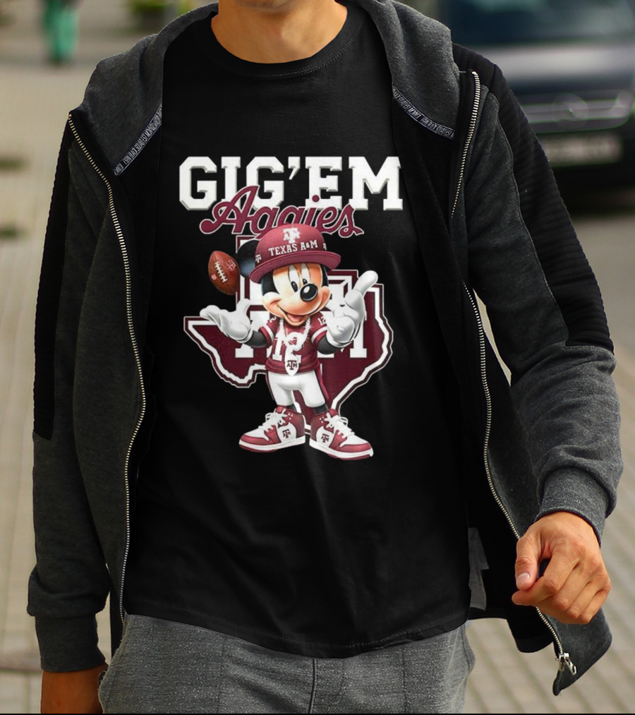 Gig’em Aggies Texas A&M Mickey Mouse Football Map T-Shirt