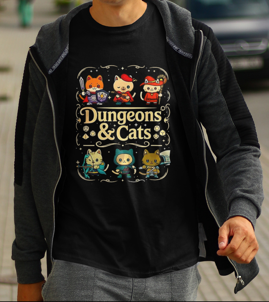Dungeons & Cats Fantasy Feline Warriors Adventure T-Shirt