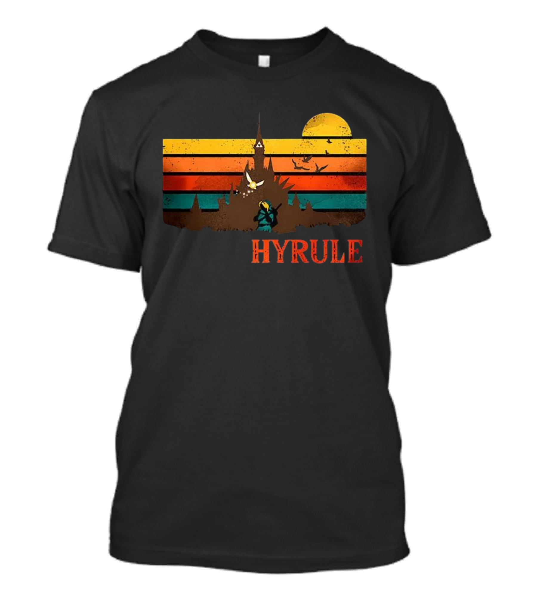 Hyrule Land Of The Gods Vintage Retro Sunset Castle And Hero Silhouette T-Shirt
