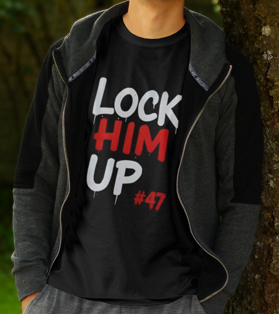 LOCK HIM UP #47 Bold White Red Drip Text T-Shirt