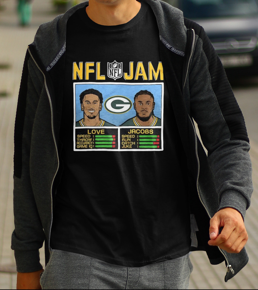 NFL Jam Jordan Love Josh Jacobs Green Bay Packers Video Game Style T-Shirt
