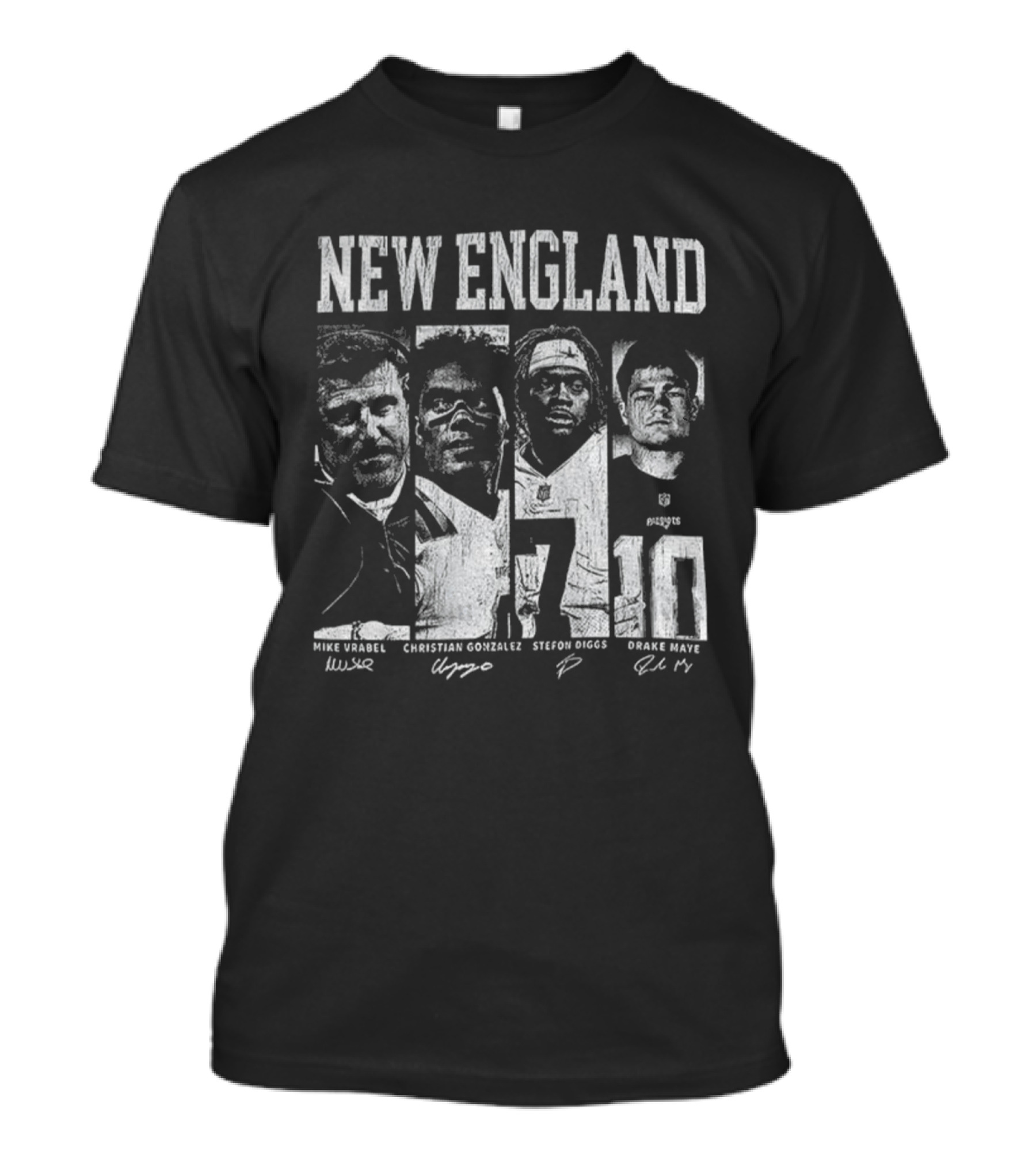 New England Mike Vrabel Christian Gonzalez Stefon Diggs Drake Maye NFL Football Signatures T-Shirt