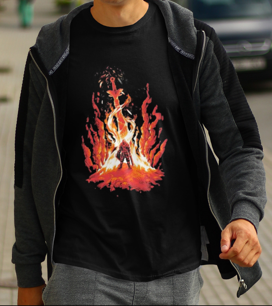 Dark Souls Trial By Fire Warrior Surrounded By Flames Iconic Gaming Imagery T-Shirt