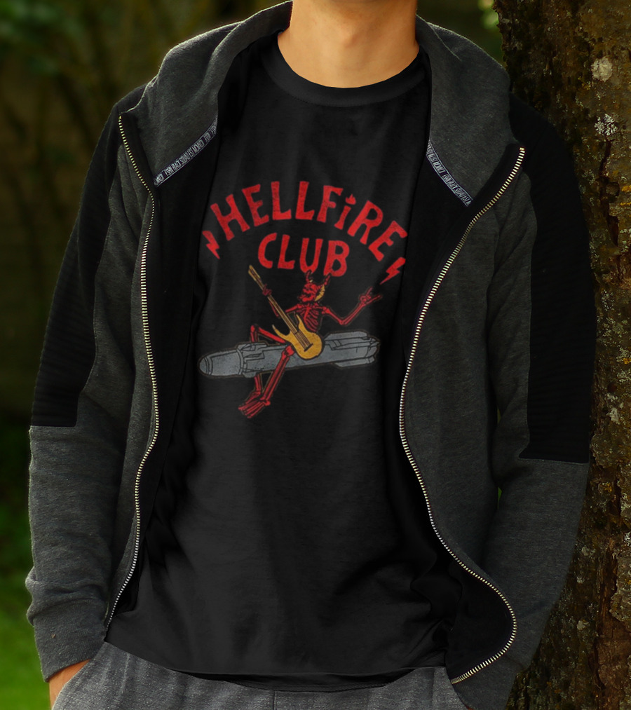 Hellfire Club Devil Riding Missile Playing Guitar T-Shirt