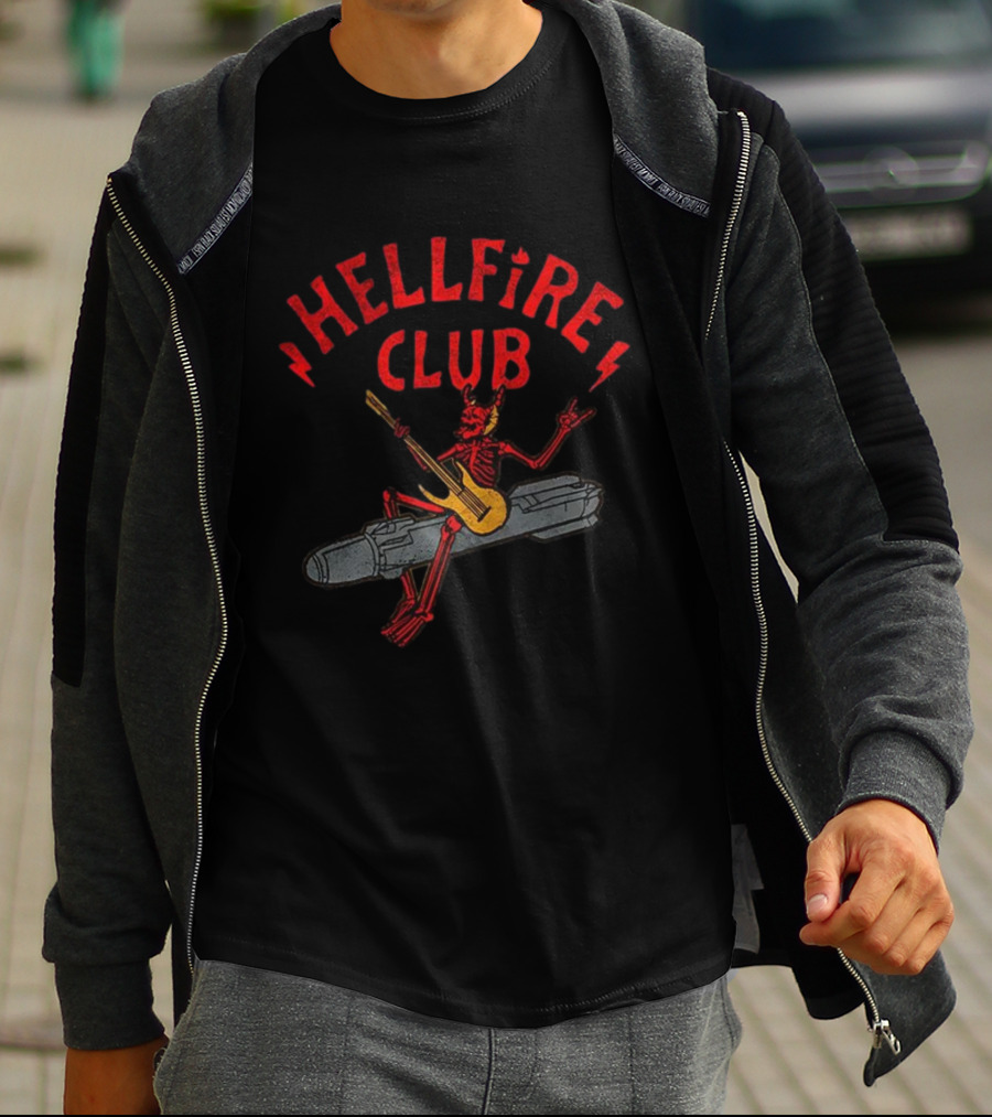 Hellfire Club Devil Riding Missile Playing Guitar T-Shirt