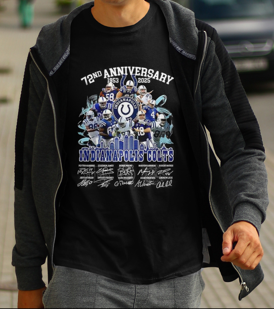 Indianapolis Colts 72nd Anniversary 1953-2025 Signature Players And Skyline T-Shirt