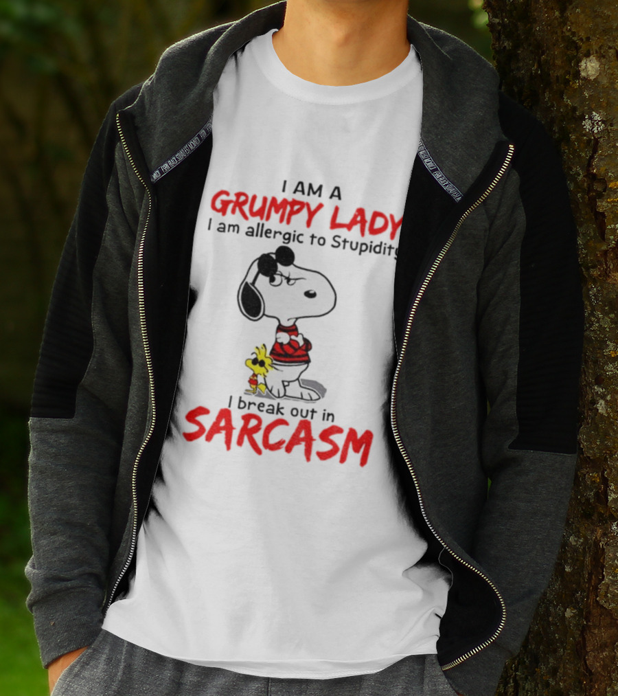 Snoopy Grumpy Lady Allergic To Stupidity Break Out In Sarcasm T-Shirt
