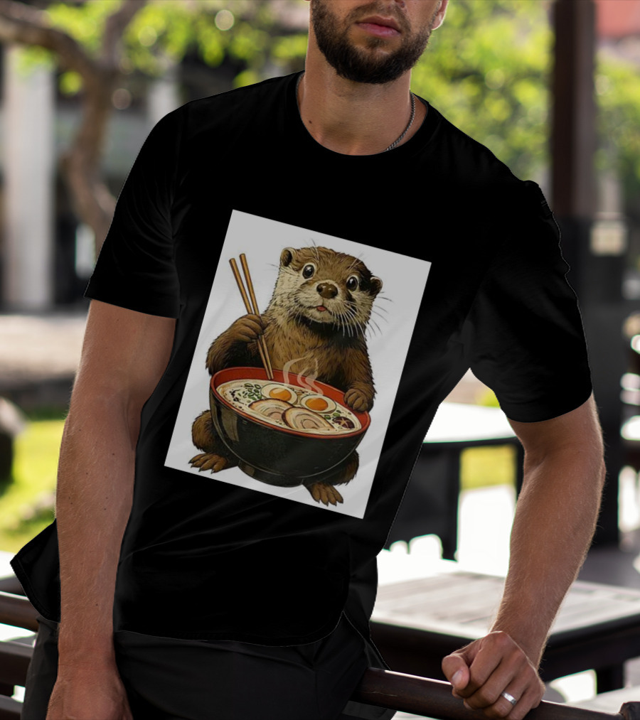Cute Otter Enjoying Steaming Ramen With Chopsticks Illustration T-Shirt