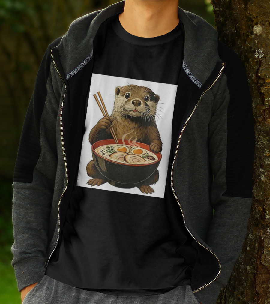 Cute Otter Enjoying Steaming Ramen With Chopsticks Illustration T-Shirt