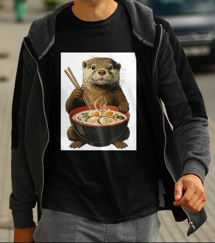 Cute Otter Enjoying Steaming Ramen With Chopsticks Illustration T-Shirt