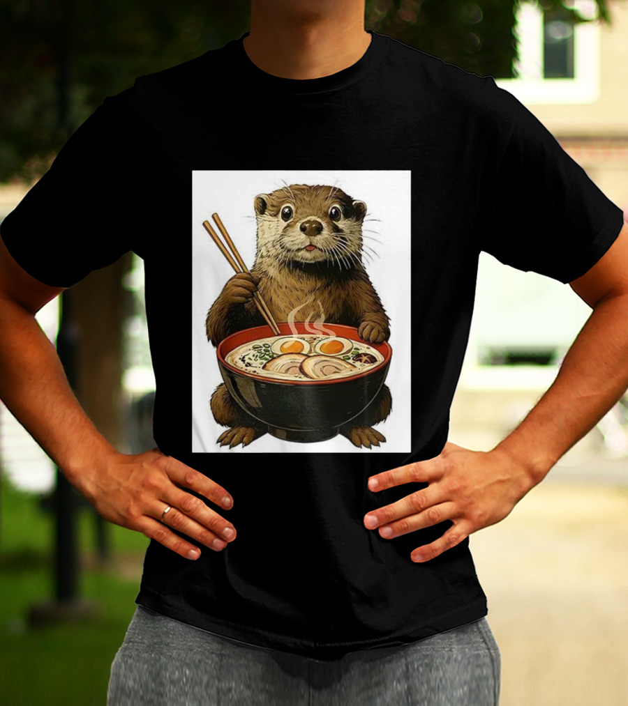 Cute Otter Enjoying Steaming Ramen With Chopsticks Illustration T-Shirt