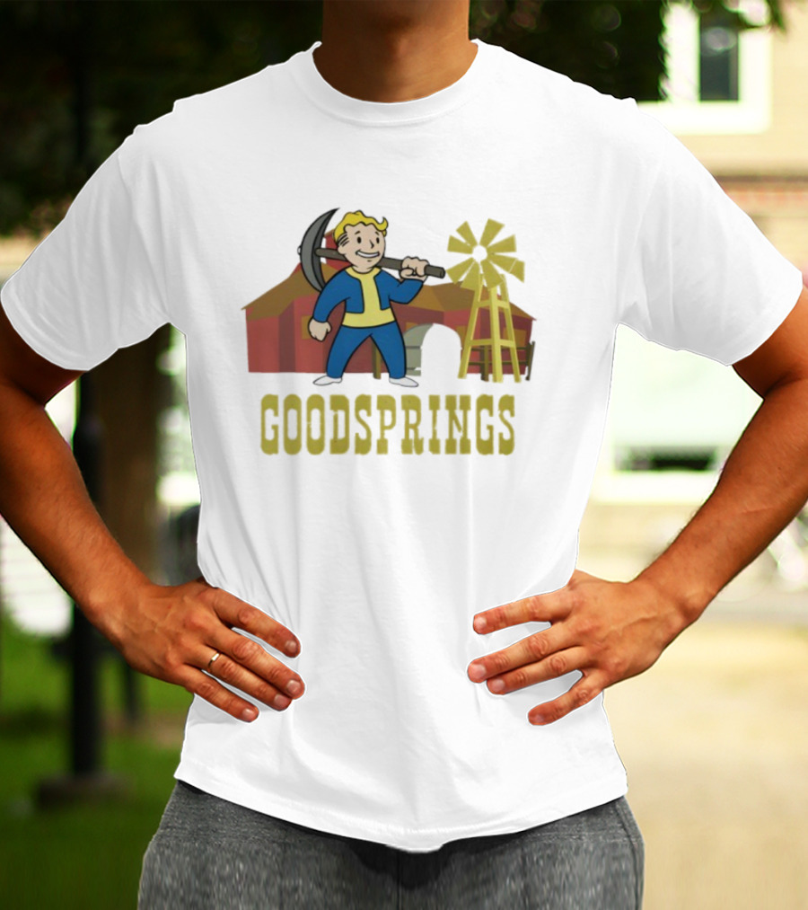 Fallout Goodsprings Vault Boy Pickaxe Barn Windmill T-Shirt