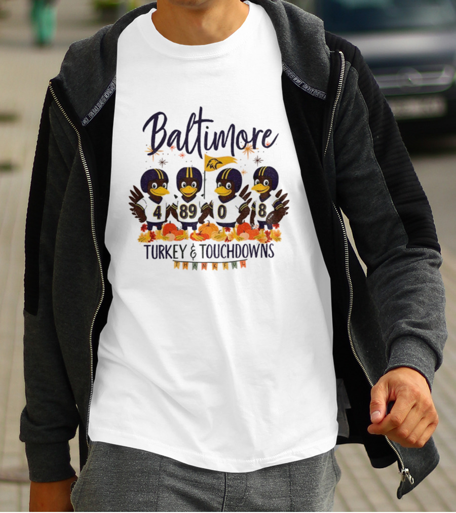 Baltimore Ravens Turkey And Touchdowns Thankful Thanksgiving Football T-Shirt