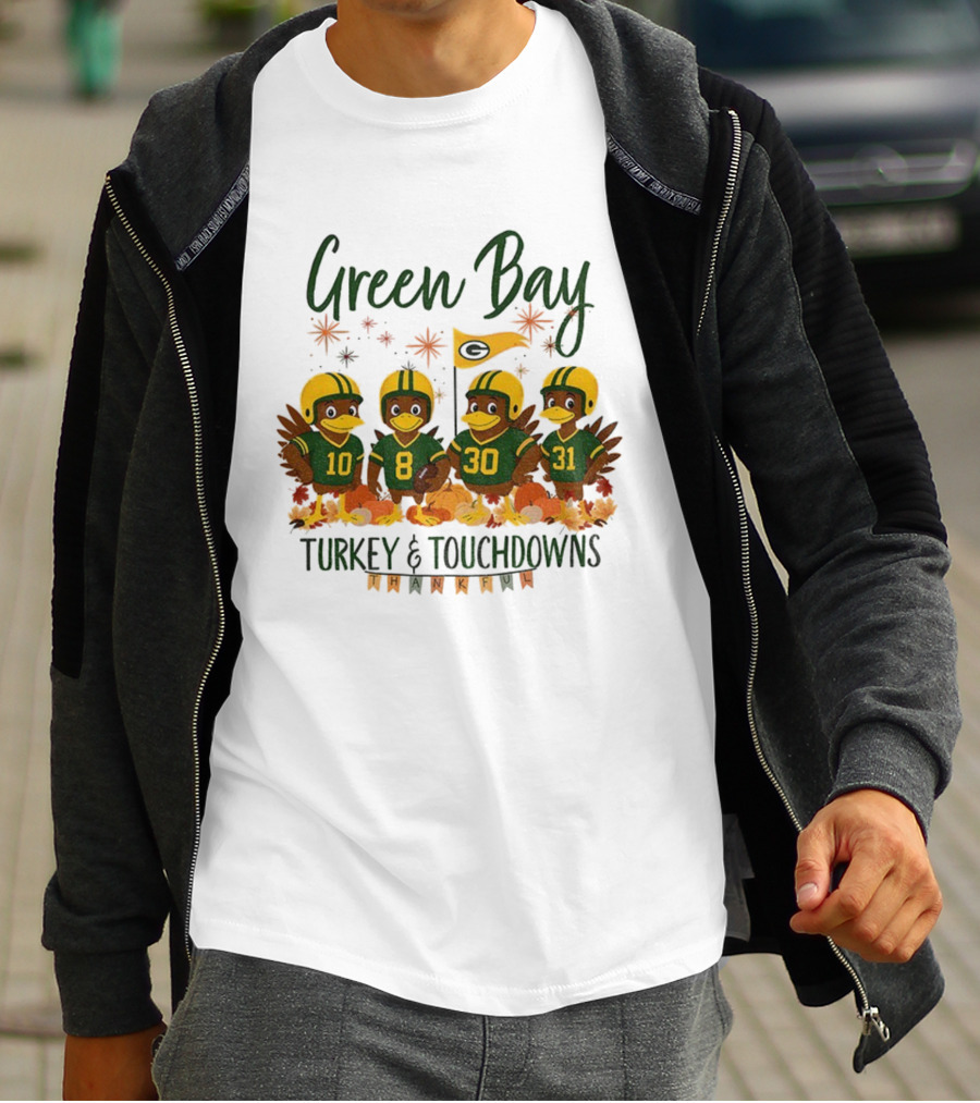Green Bay Turkey And Touchdowns Thankful Football Thanksgiving T-Shirt