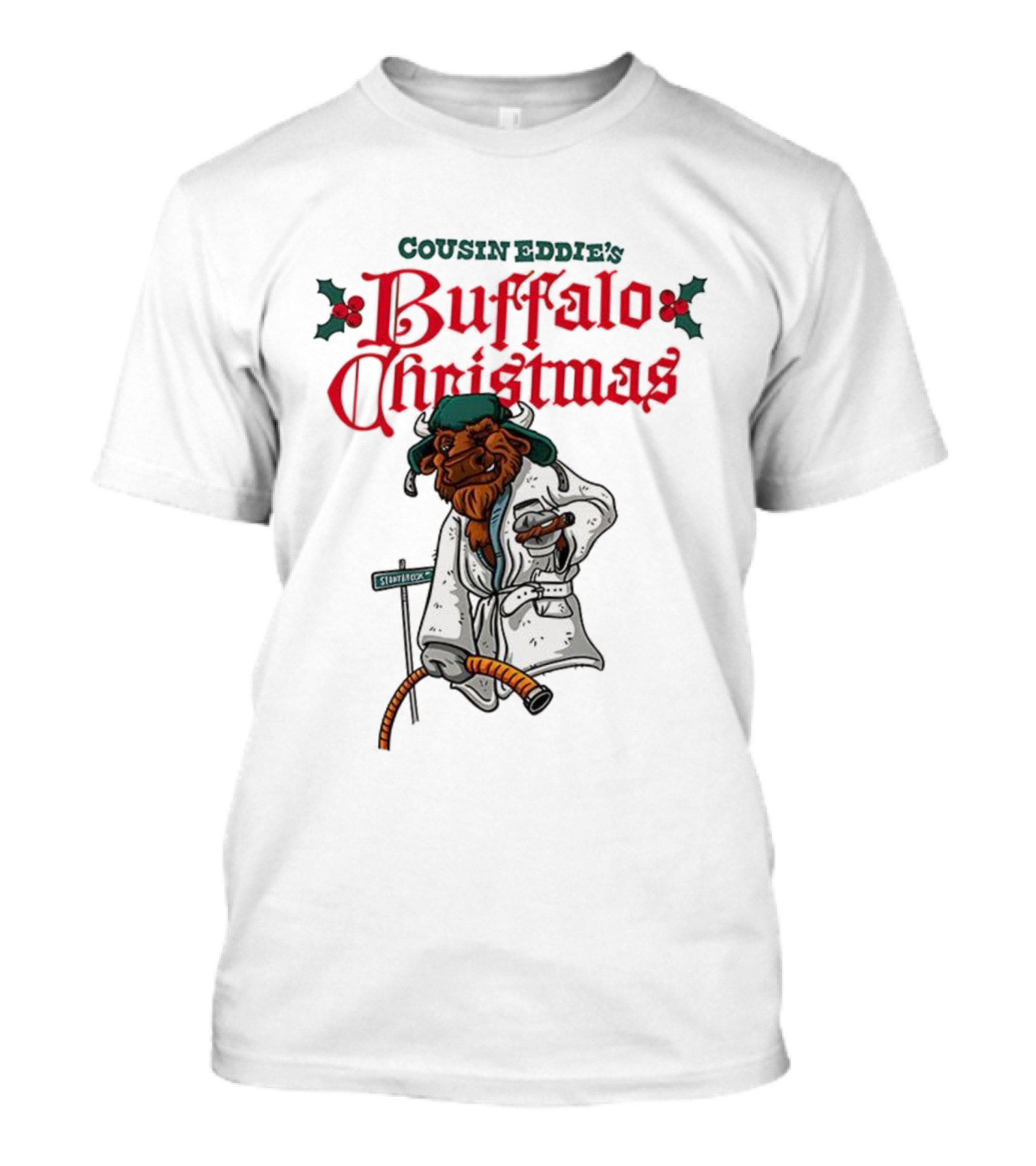 Cousin Eddie Buffalo Christmas Holiday Street Sign Robe Cigar Illustration T-Shirt