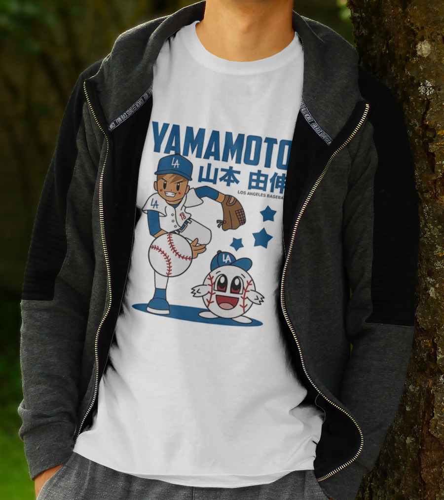 Yamamoto Los Angeles Dodgers Cartoon With Baseball Character And Stars T-Shirt