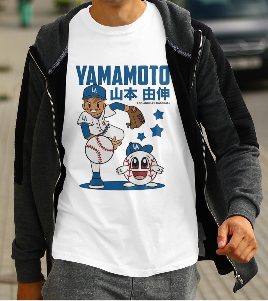 Yamamoto Los Angeles Dodgers Cartoon With Baseball Character And Stars T-Shirt