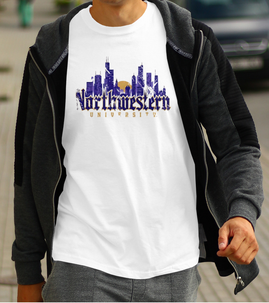 Northwestern University Chicago Skyline Gothic Style T-Shirt