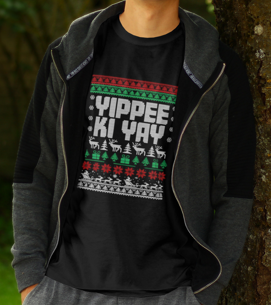 Yippee Ki Yay Die Hard Christmas Sweater Reindeer Trees Presents Snowflakes T-Shirt