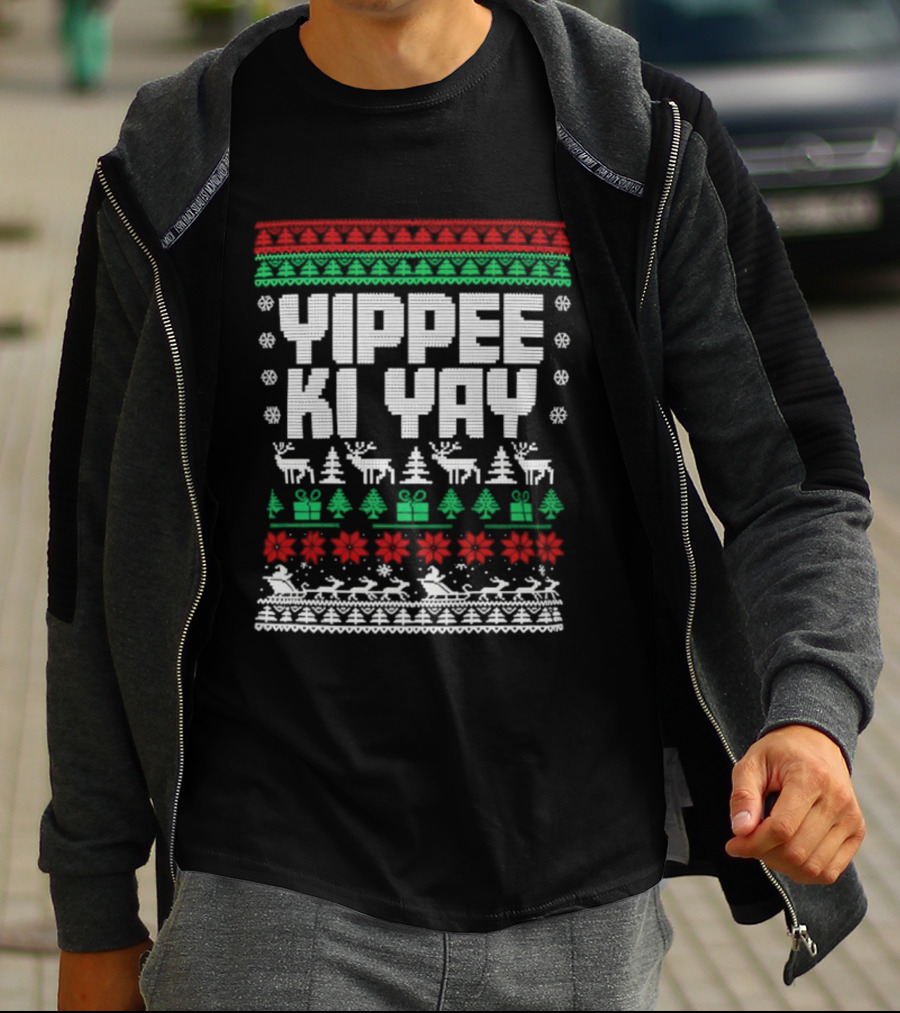Yippee Ki Yay Die Hard Christmas Sweater Reindeer Trees Presents Snowflakes T-Shirt