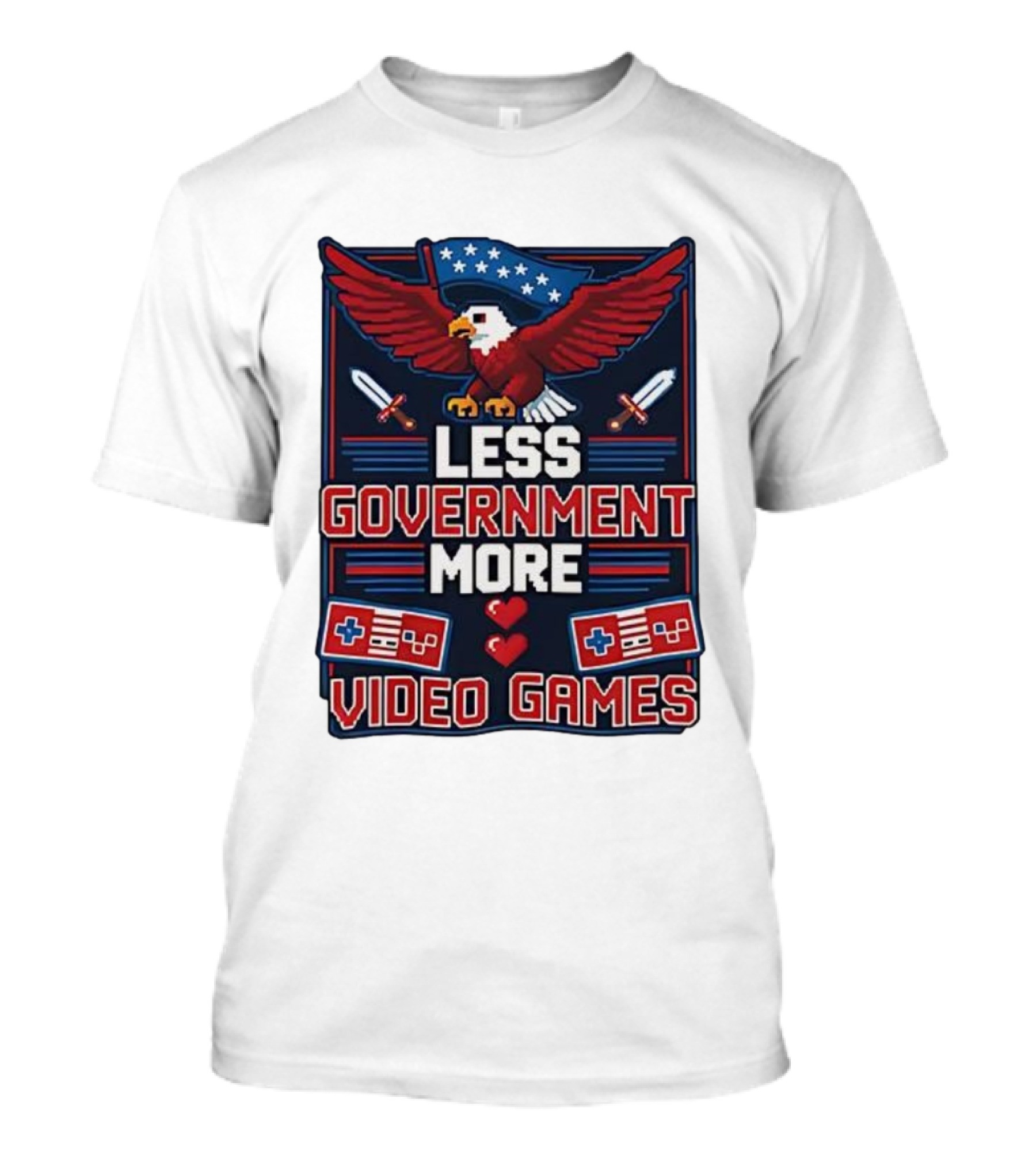 Less Government More Video Games Eagle Patriot Swords Retro Controllers T-Shirt