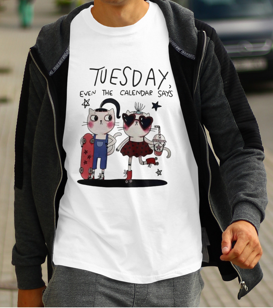Tuesday Even The Calendar Says Cute Cat Cartoon Skaters And Stars T-Shirt