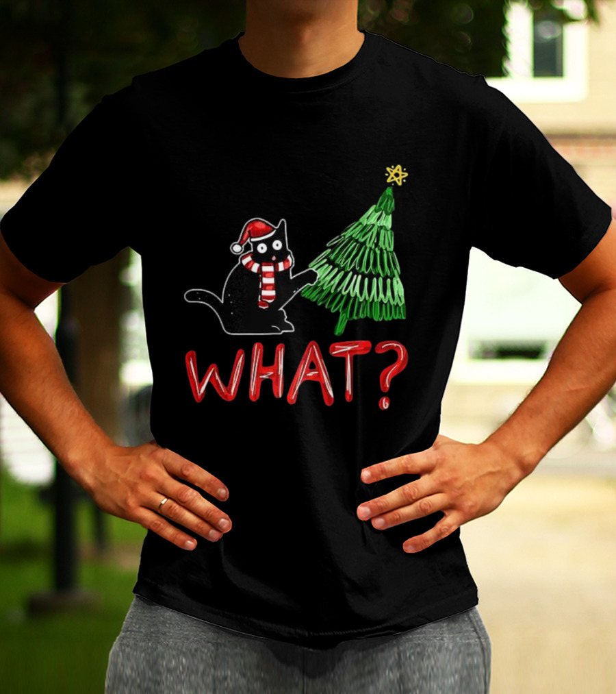 Black Cat What Christmas Tree Santa Hat Scarf T-Shirt