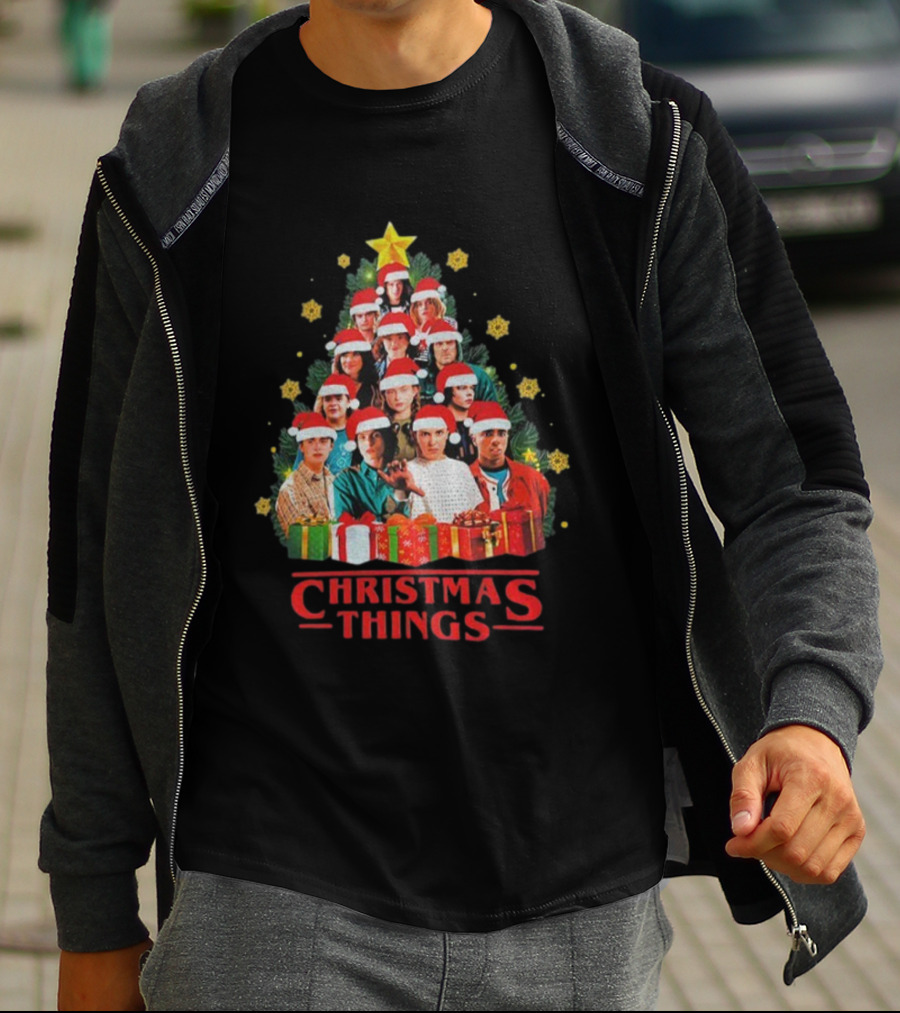 Stranger Things Christmas Tree Holiday Cast Santa Hats Gifts T-Shirt