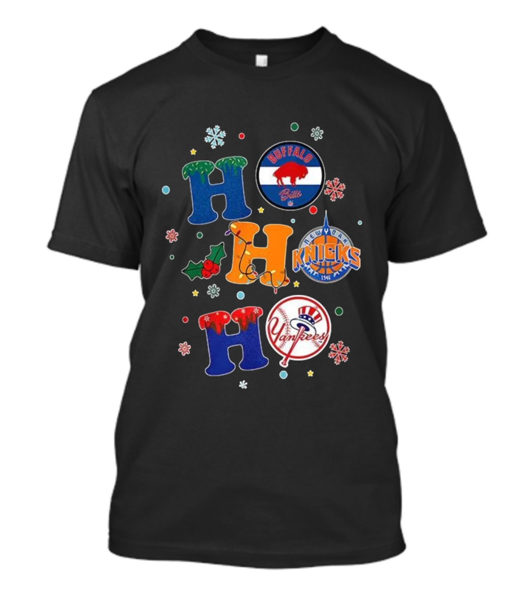 Buffalo Bills New York Knicks Yankees Christmas Ho Ho Ho Snowflakes T-Shirt