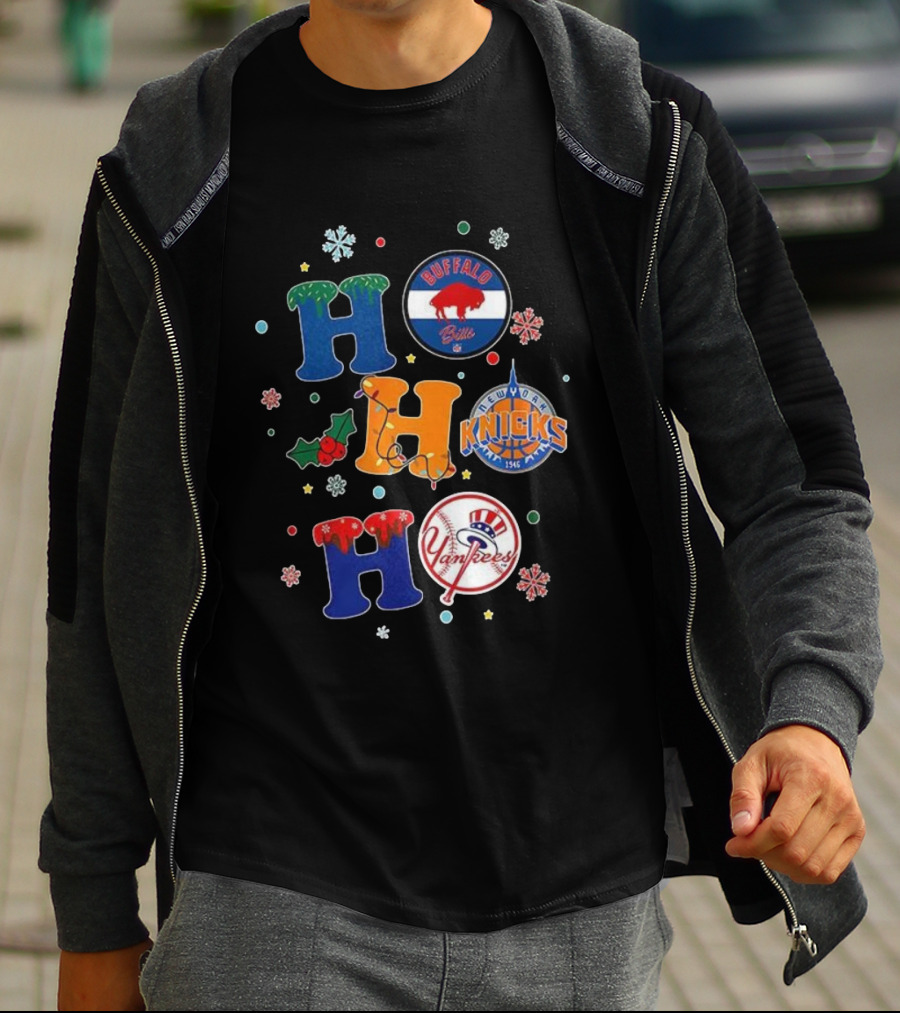 Buffalo Bills New York Knicks Yankees Christmas Ho Ho Ho Snowflakes T-Shirt