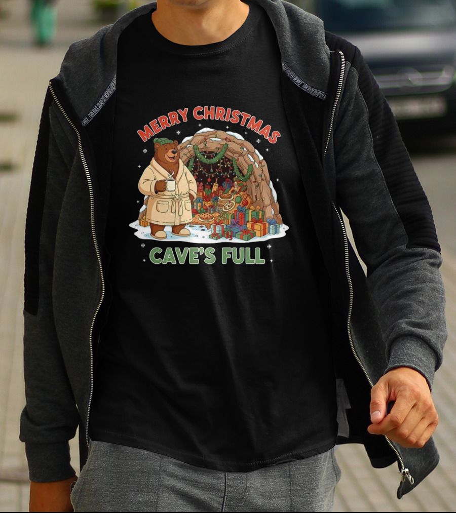 Merry Christmas Bear In Cozy Cave Filled With Gifts T-Shirt
